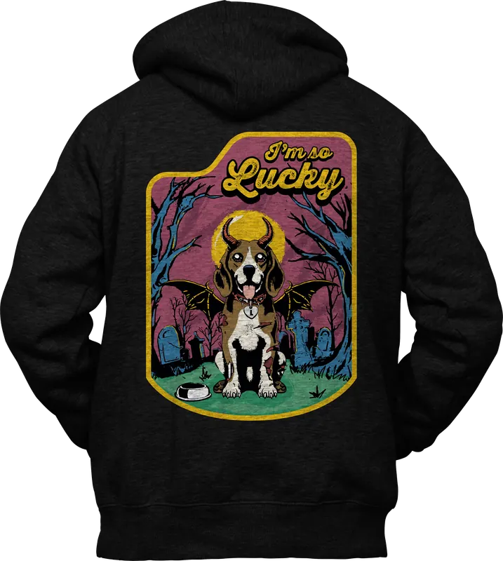 Sudadera negra con el diseño I'm So Lucky en la espalda