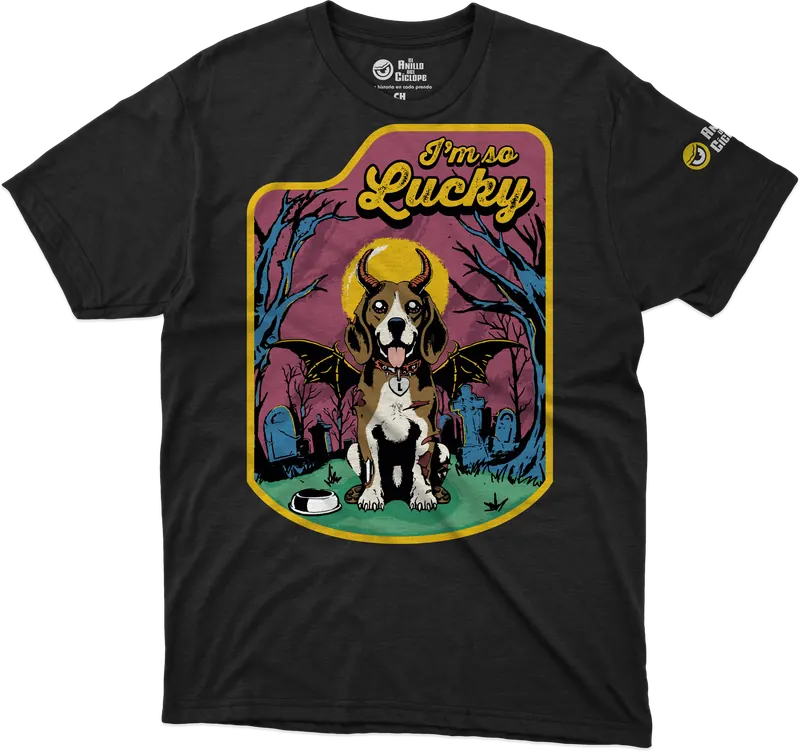 Playera negra con el diseño I'm So Lucky