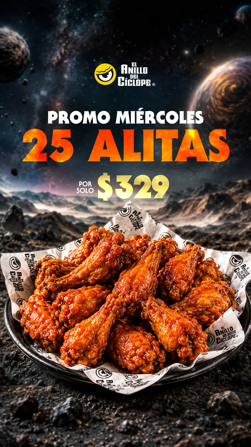 Promo Miércoles: 25 alitas jumbo por $329 en El Anillo del Cíclope, Pachuca