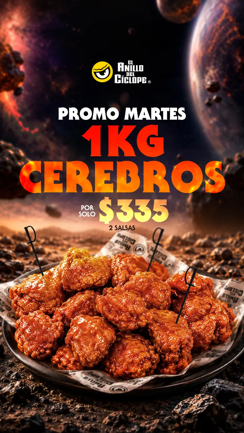 Promo Martes: 1 kg de Cerebros (boneless) con 2 salsas por $335 en El Anillo del Cíclope, Pachuca