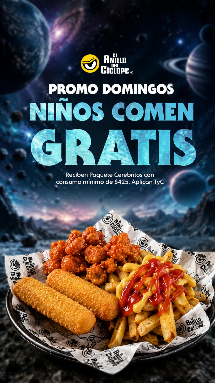 Promo Domingos: niños comen gratis con paquete Cerebritos en El Anillo del Cíclope, Pachuca